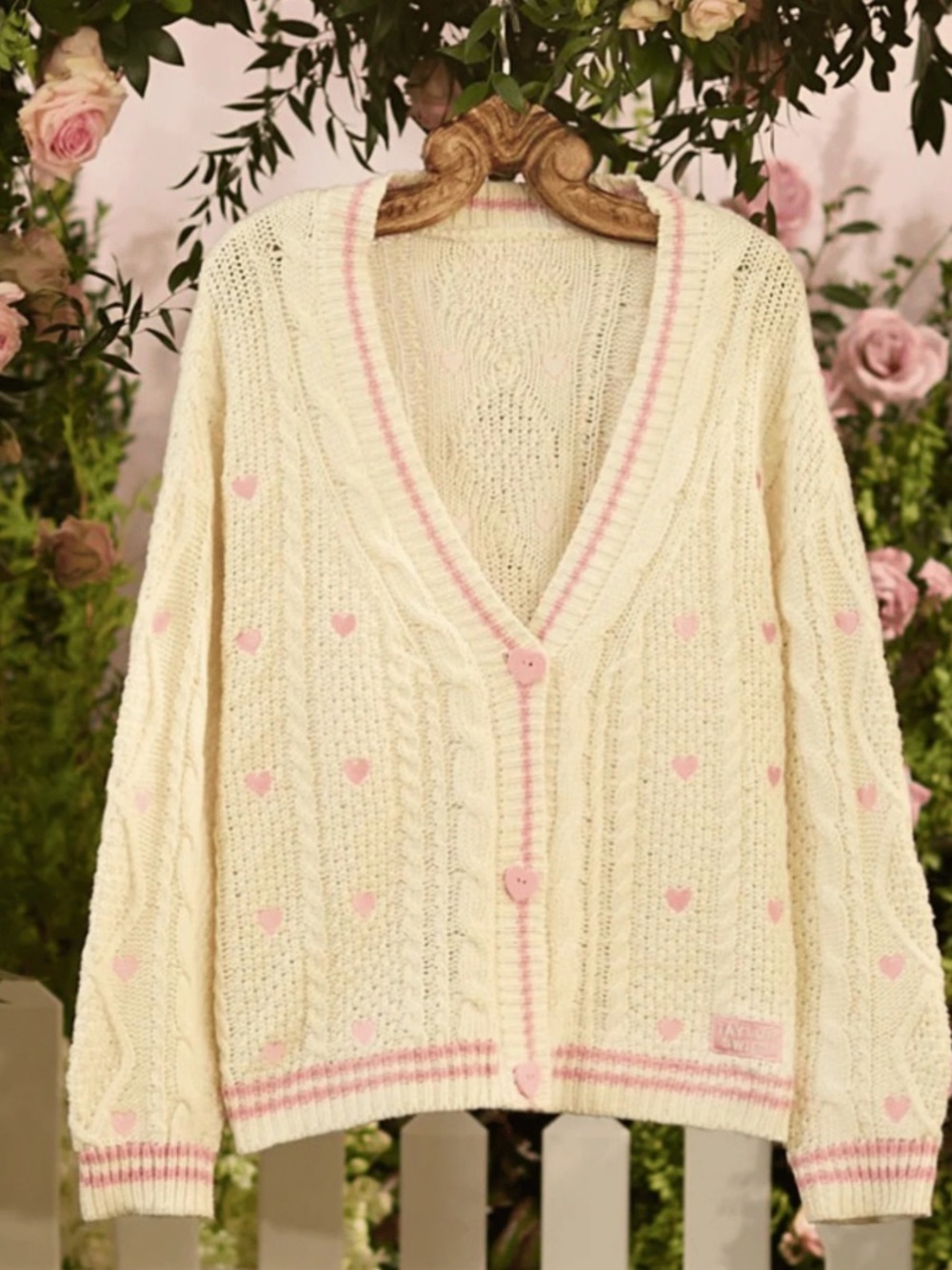 Taylor Swift Cream and Pink Heart Cable Knit Cardigan
